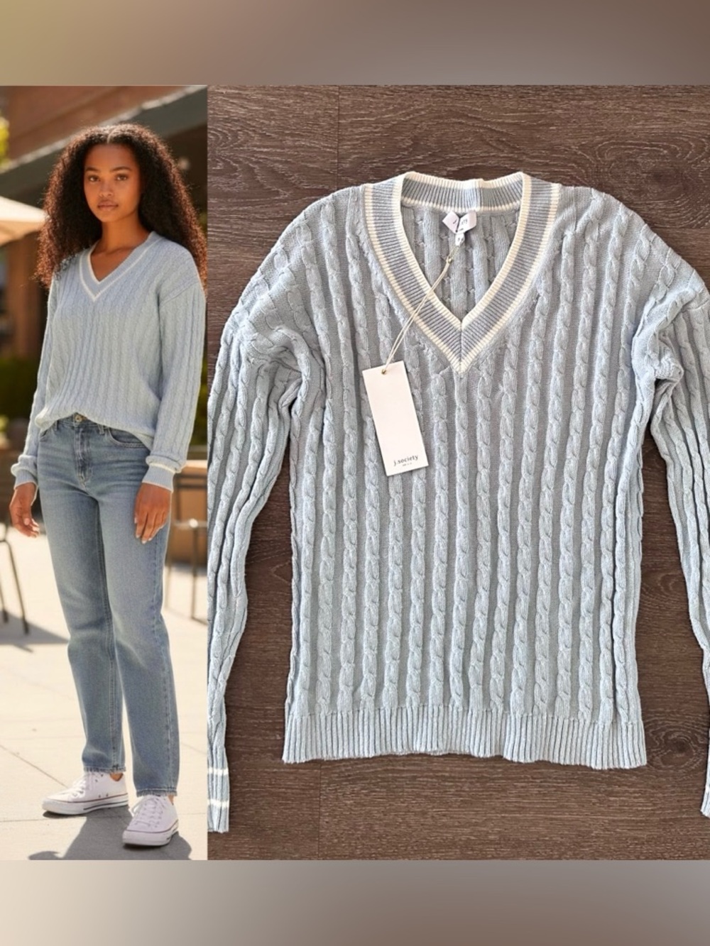 J. Society Blue White Cable-knit sweater Size Small Coastal Resort  Vacation